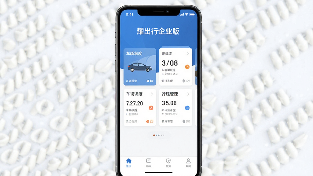 һ��չʾ��ҫ������ҵ�桱App���Ľ�����ֻ���Ļ��ͼ������������App������ҳ�������棬�����Ǽ�������������ɫ��������ʾ��ҫ������ҵ�桱���ֱ�ʶ���м��ǳ������Ȼ��г̹����Ŀ�Ƭʽ���֣��ײ��е�����������ִ���ƽ��ϸ�ڸɾ��������������޶���Ԫ�ء�