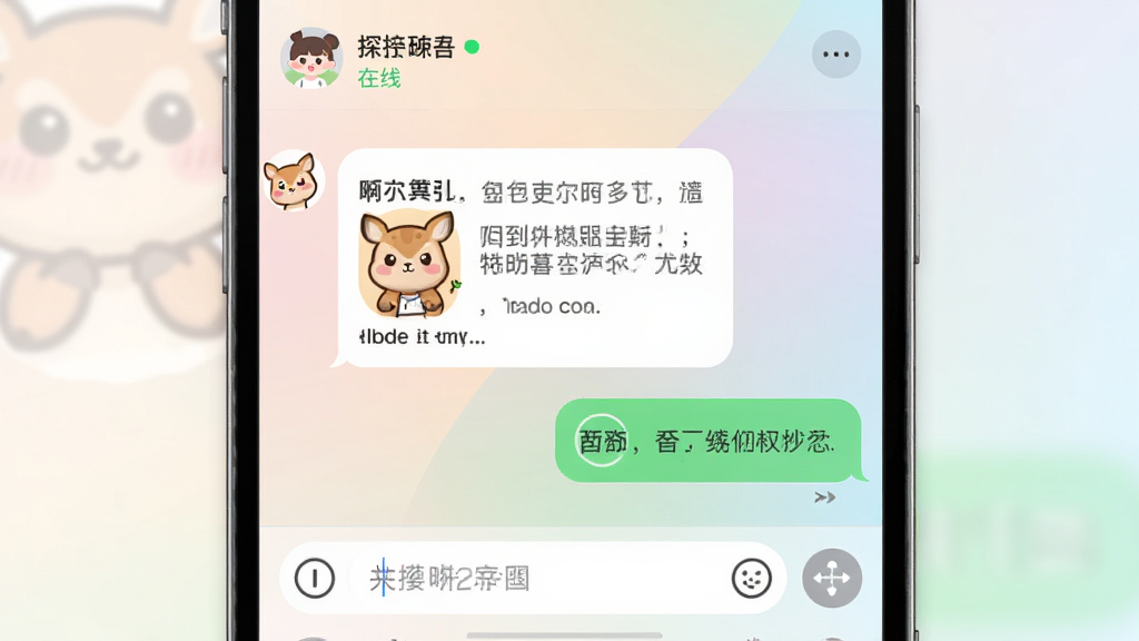 探个鹿应用内聊天界面的特写,画面中央是对话气泡,左侧是对方发来的可爱表情包和文字,右侧是自己的回复,顶部有用户昵称和在线状态小绿点,底部是输入框和功能按钮,背景是淡雅的渐变色调,风格清新简洁,画质细腻,无杂乱元素