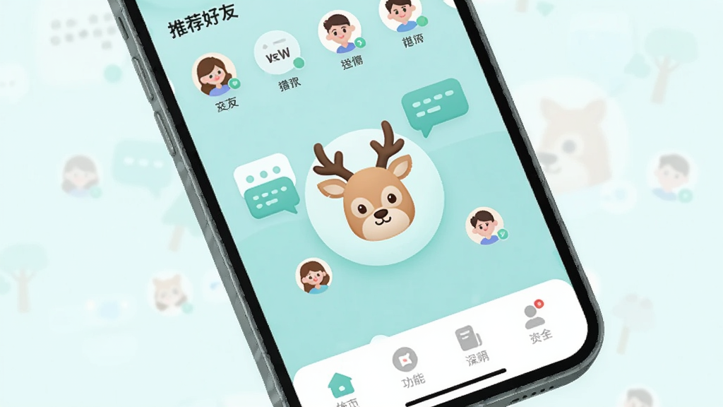一张手机屏幕展示探个鹿应用主界面的图片,界面设计简洁清爽,以柔和的蓝绿色调为主,中间有可爱的卡通鹿头图标,周围环绕着聊天气泡和用户头像,布局采用上下结构,上方是推荐好友列表,下方是功能导航栏,风格偏向现代扁平化插画,细节圆润,画质干净清晰,无多余元素