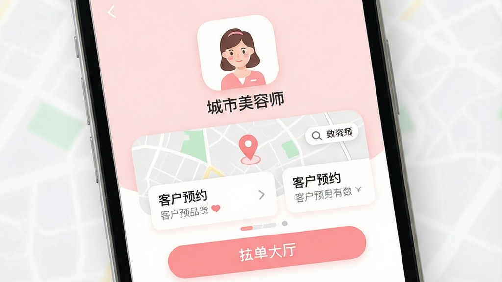 һ���ɾ��������ֻ���Ļ��д����Ļ������ʾ�š���������ʦ��App�������棬���沼�����Ϸ�����Ŀ������ʦ�ӵ�ͼ�꣬�м��ǵ�ͼ��λ�Ϳͻ�ԤԼ��Ƭ���·�������������ť��������ɫ����͵�ǳ��ɫ�Ͱ�ɫ������ִ�����ƽ��ϸ��Բ�󣬻��������ɾ����޶���Ԫ��