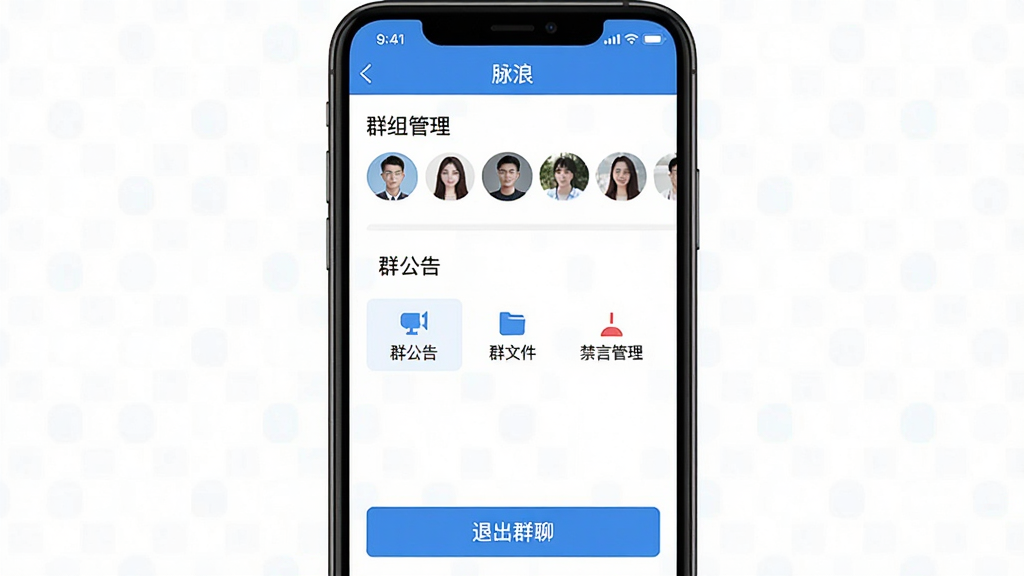 һ���ֻ���Ļ��ͼ��չʾ�����ˡ�App��Ⱥ�����ҳ�棬ҳ�涥����Ⱥ���ƺͳ�Աͷ���б����м��С�Ⱥ���桱��Ⱥ�ļ��������Թ������ȹ���ѡ��ײ����˳�Ⱥ�İ�ť����������������ƽ����ɫ�԰�ɫ����ɫΪ�������ʸɾ���������Ԫ�ء�