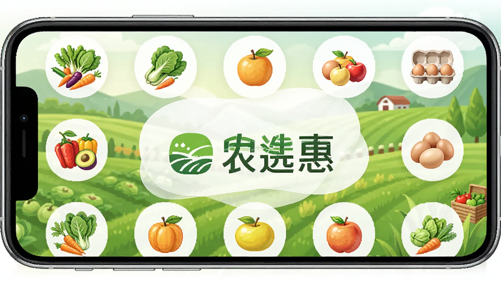 һ���ֻ���Ļչʾũѡ��App��ҳ��ͼƬ������������ũѡ�ݵ�Logo�����ƣ���Χ�����������߲ˡ�ˮ������������ũ��Ʒͼ�꣬���������µ���ɫ��԰����Ű������ˣ����������Ȼ��ϸ�����������ʸɾ����޶���Ԫ��