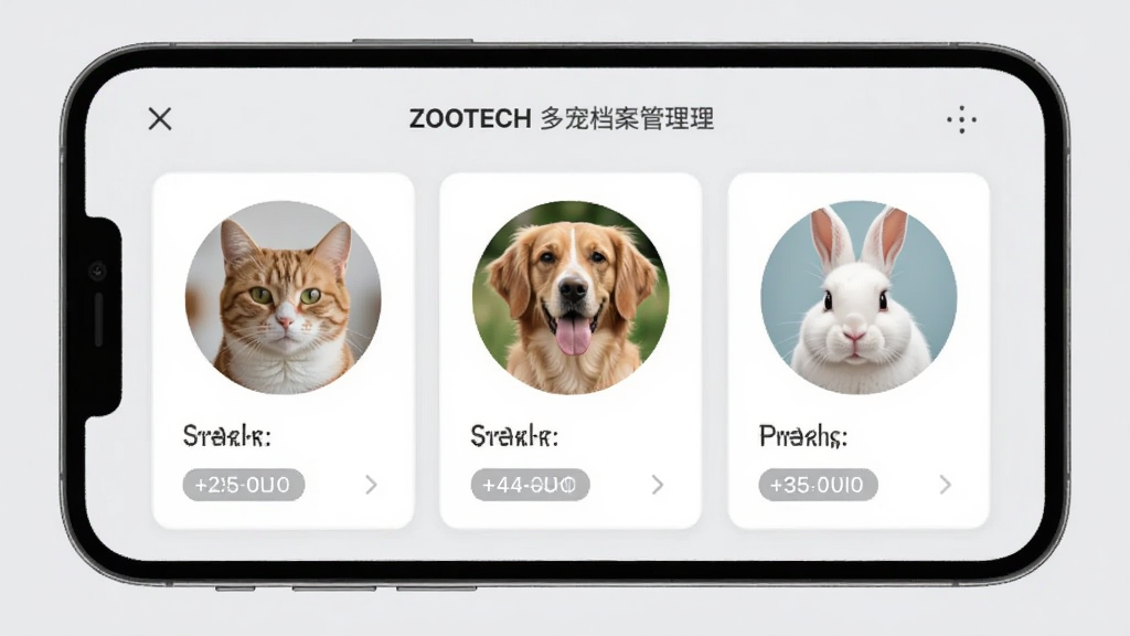 ZOOTECH��赵���������棬�ֻ���Ļ��ʾ��ֻ��ͬ�����ͷ��Ƭ���ֱ���è���������ӣ�ÿ�ſ�Ƭ�·������ء������ǩ��������ÿ�Ƭʽ���֣�����Ϊǳ��ɫ��������¼�࣬���ʸɾ��޶���Ԫ��