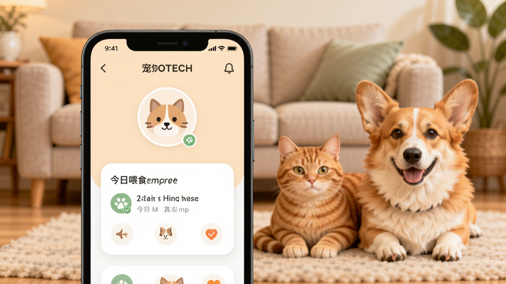 ZOOTECH������������Ӧ��������չʾ������������һ�������ֻ�����Ļ����ʾ�ų���ͷ��ͽ���ιʳ���ѿ�Ƭ����������ܰ�Ŀ���������һֻ��è��һֻ�»�Ȯſ���Աߣ�����ɫ����ů��ͣ���ƽ��UI��Ʒ��ϸ�����������ʸɾ��޶���Ԫ��