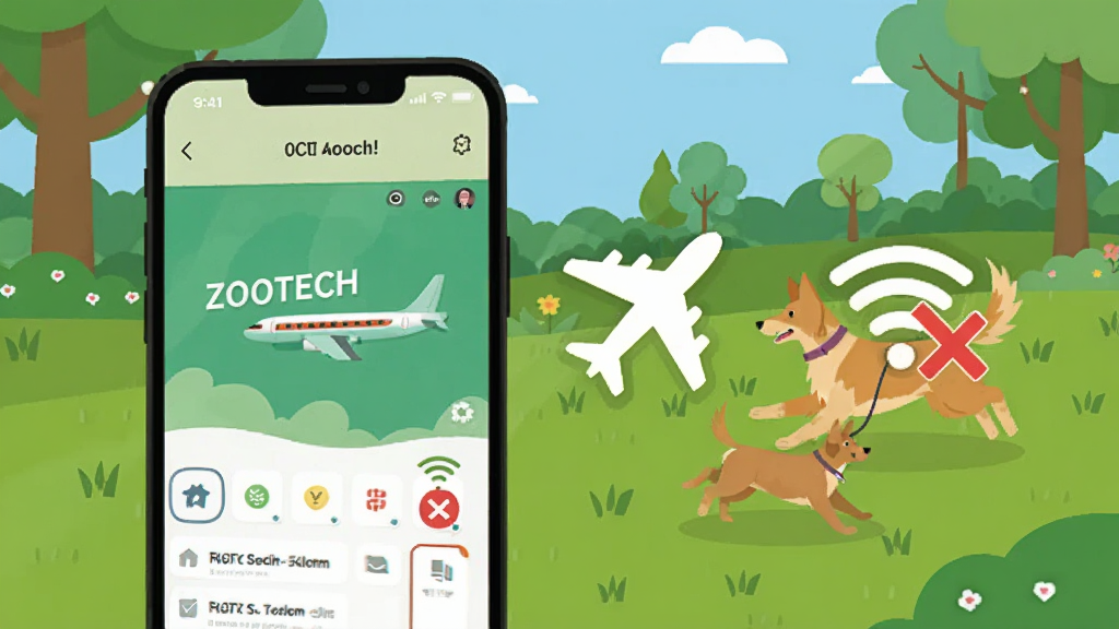 ZOOTECH����ʹ�ó���չʾ���ֻ���Ļ��ʾӦ�ý��棬�Ա��зɻ�ͼ���WiFi�ر�ͼ�꣬����Ϊ���⹫԰�������й����ڲݵ��ϱ��ܣ�����ɫ��������Ȼ����ƽ���廭��񣬻��ʸɾ��޶���Ԫ��