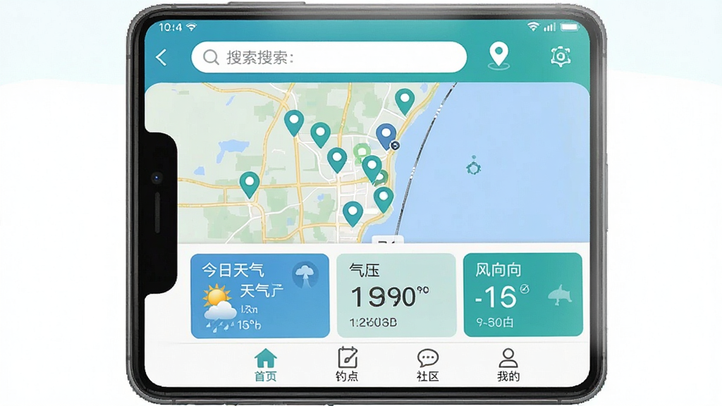 ���ѱ�App�������ͼ�������������ֻ���Ļ����Ļ��չʾ���ѱ�Ӧ����ҳ���Ϸ����������Ͷ�λͼ�꣬�м��ǵ�ͼ��ע��������ǣ��·���Ƭչʾ������������ѹ���������ݣ��ײ�����������ҳ�����㡢�������ҵ��ĸ�ͼ�꣬��������ˬ��࣬����ɫ��Ϊ�������ʸɾ��������޶���Ԫ��