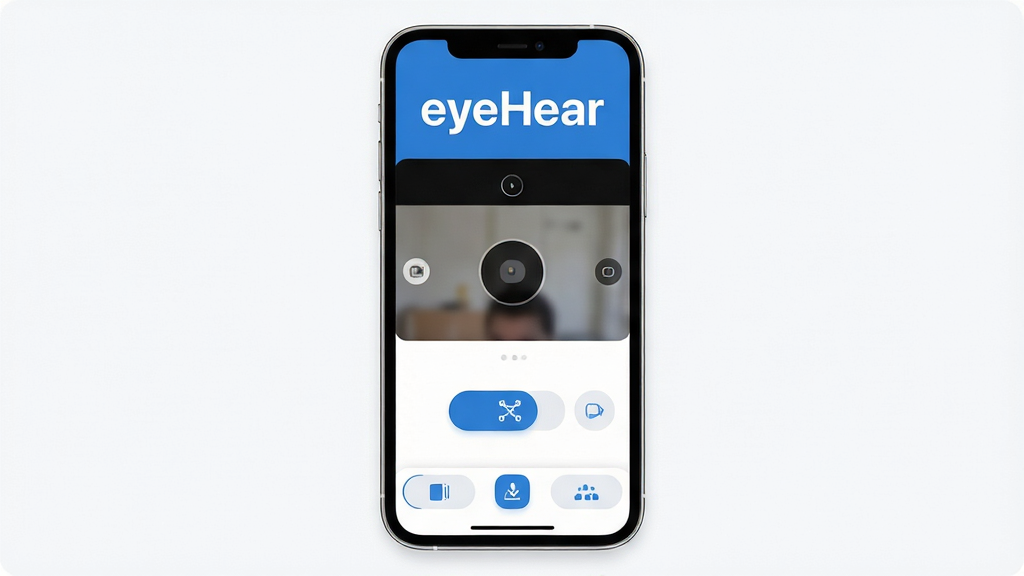 eyeHear����������ȫòչʾ�������������ֻ���Ļ����Ļ����ʾeyeHearӦ�ý��棬���涥������Ŀ�ġ�eyeHear�����ֱ�ʶ���м�������ͷȡ�����ʶ��ť���ײ�Ϊ���Ĺ����л��������岼������������ִ���ƽ��������ɫΪ���������ɾ���������ʸ��壬ϸ��Բ���޶���Ԫ��