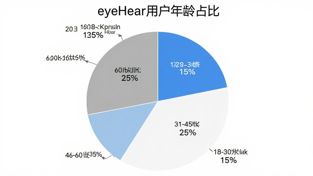 eyeHear�û�����ֲ���״ͼ��ͼ������Ϊ��eyeHear�û�����ռ�ȡ�����ʾ18-30��ռ15%��31-45��ռ25%��46-60��ռ35%��60������ռ25%����ͼ��ɫ���������׻�Ϊ��ɫ�������ּ�࣬��ע��ȷ�����ʸɾ����޶���Ԫ��