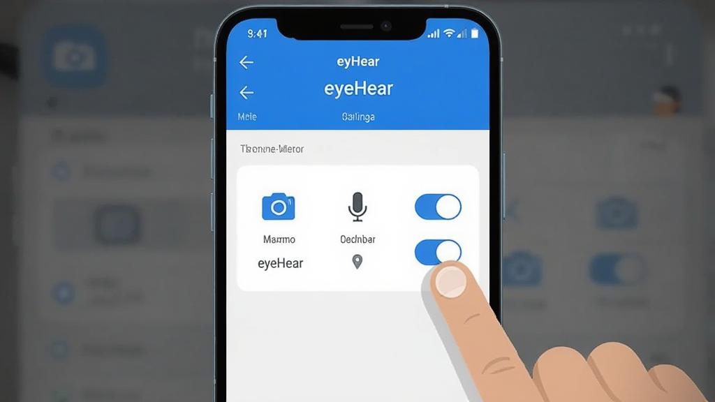 eyeHear���������������棬�ֻ���Ļ��ʾeyeHearӦ�õ�Ȩ������ҳ�棬������������ͷ����˷硢��λ��Ȩ�޿���ͼ�꣬�Ա�����ָ���������ʾ�⣬�����Ǽ����ֻ�ϵͳ���ý��棬����ƽ����������ɫ���������������ʸɾ����޶���Ԫ��