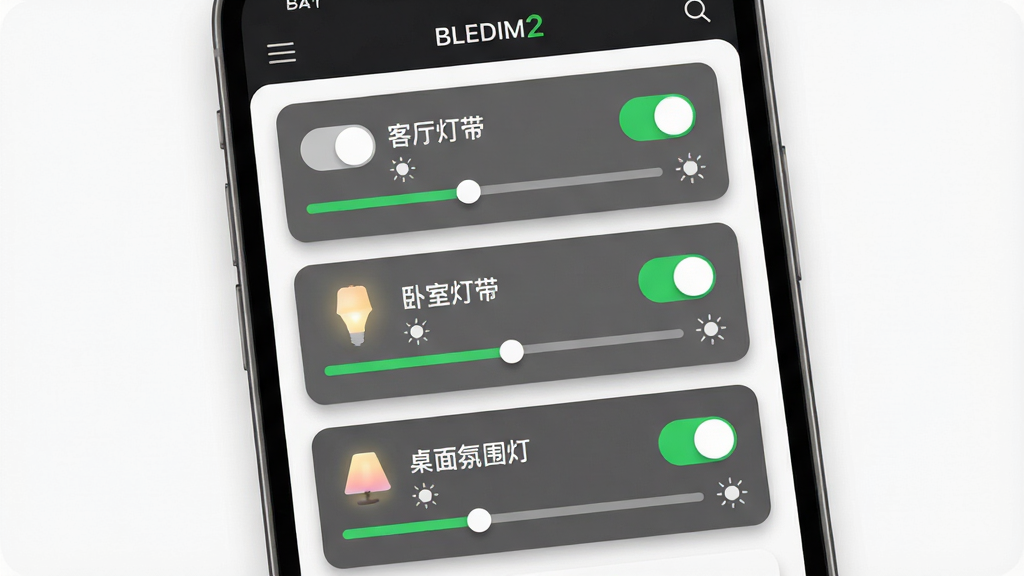 һ��չʾBLEDIM2Ӧ���ڶ��豸���������ͼƬ���������ֻ���Ļ����ʾBLEDIM2Ӧ�ã��������ж���豸��Ƭ���ֱ��ע�������ƴ����������ҵƴ������������Χ�ơ���ÿ����Ƭ���п��غ����Ȼ��顣����Ϊ��ֱ�б����С����Ϊ�ִ���ԼUI��ơ�ϸ���ϣ���Ƭ����΢��Ӱ�����ذ�ťΪ��ɫ����״̬�����ʸɾ����޶���Ԫ�ء�