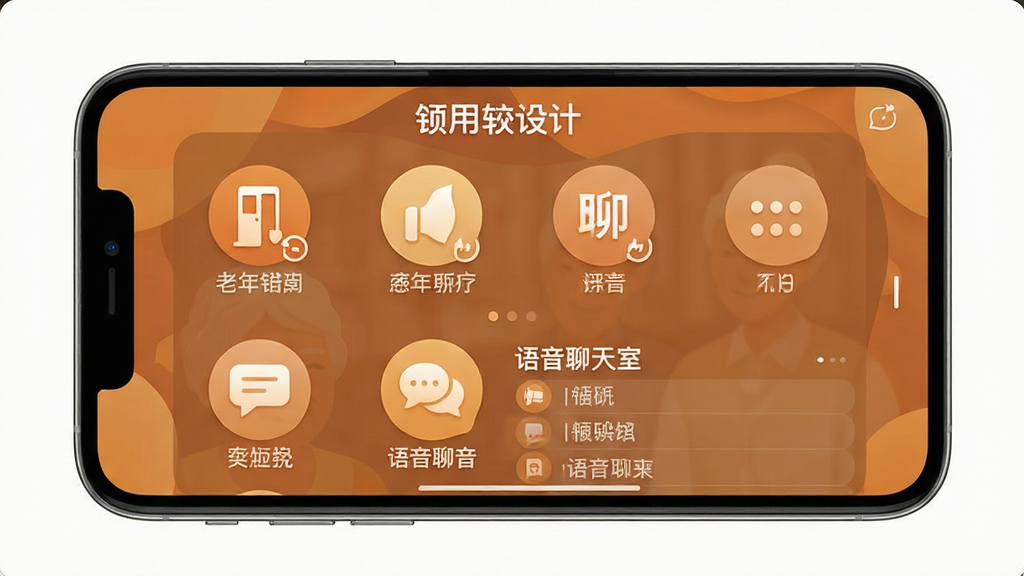 银发说 应用软件主界面 展示中老年用户友好设计 大字体大图标 语音聊天室列表 暖色调布局 手机APP截图风格 细节清晰 画面干净 无多余元素