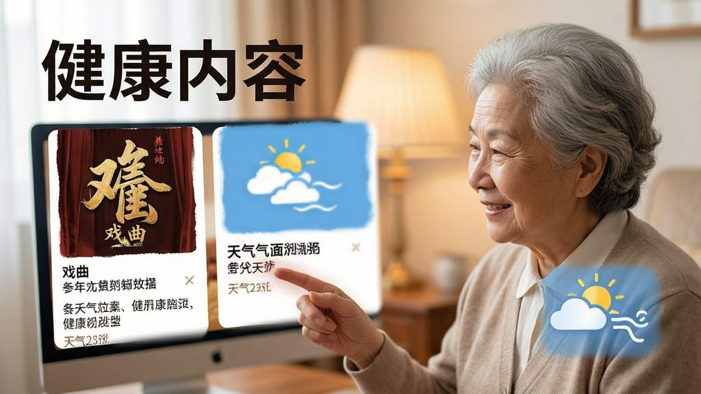 银发说 健康内容板块 展示养生文章卡片 戏曲封面 天气预报图标 大字体排版 中老年用户浏览场景 暖色系 画质清晰 无多余元素