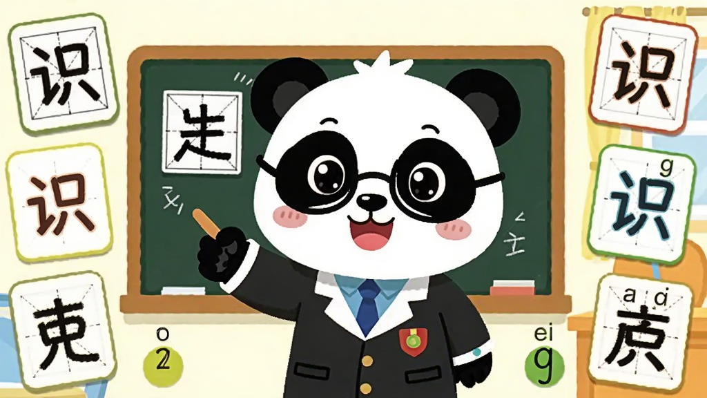 һ��չʾ��ͯʶ�ֳ����Ĳ廭������������һ���ɰ�����è��ʿ��ͨ���󣬴��Ų�ʿ�������۾�����ָ��һ��д�к��ֵĺڰ壬��Χ�����Ÿ��ֺ��ֿ�Ƭ��ƴ�����ţ������������Ľ��һ���������Ϊ��è��ʿ���У���������ֲ����ֺ�ƴ��Ԫ�أ����Ϊ��ͨ��ƽ����ƣ�ϸ�ڰ�����è��ʿ΢Ц���顢�ڰ��ϵ����ָ񡢲�ɫ���ֿ�Ƭ�����������������ɾ��޶���Ԫ��