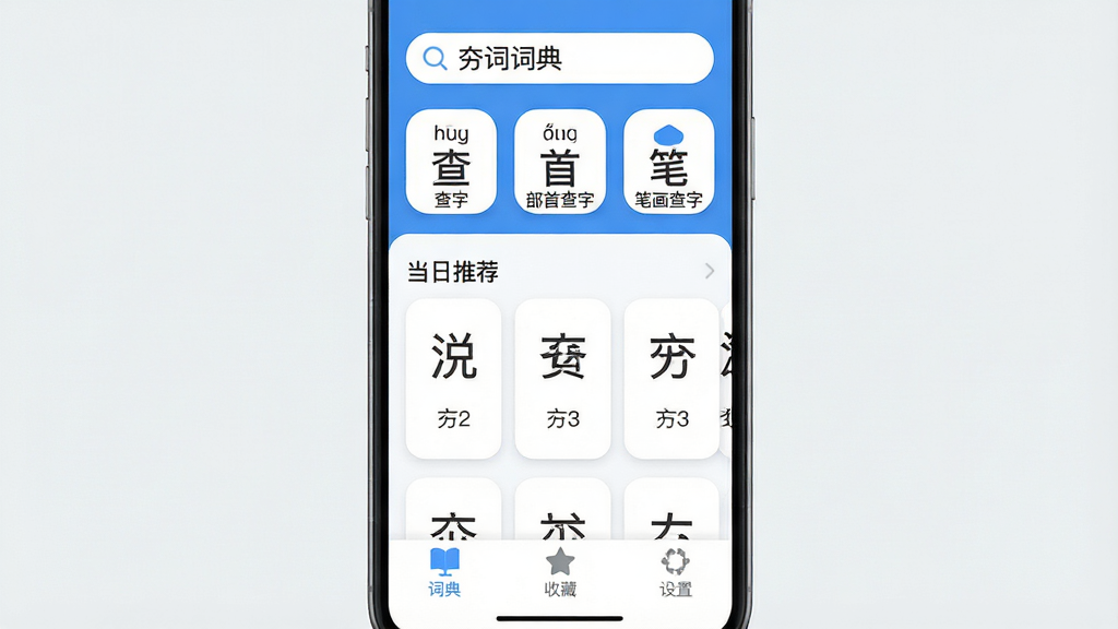 һ�������ˬ���ֻ��ʵ�Ӧ�������棬������������ʾ�����ʴʵ䡱�������·�չʾƴ�����֡����ײ��֡��ʻ���������������ڣ��м������ǵ����Ƽ����ֿ�Ƭ���ײ��дʵ䡢�ղء���������ѡ�������������ɫ����ƽ����ƣ�ͼ��Բ�󣬻���ɾ����࣬�޶���Ԫ�أ����廭��