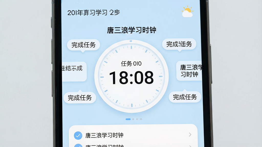һ���ֻ���Ļ��д����Ļ������ʾ��һ������Բ��ѧϰ��ʱ������Χ�����ż�������ɵ������ǩ�����������ǡ�������ѧϰʱ�ӡ��������棬�������������������ں�����Сͼ�꣬�м�����Ŀ�ĵ���ʱ���֣��ײ��������б�����񼫼����£���ɫ�Ե����Ͱ�ɫΪ����ϸ�ھ��£����ʸɾ��޶���Ԫ��