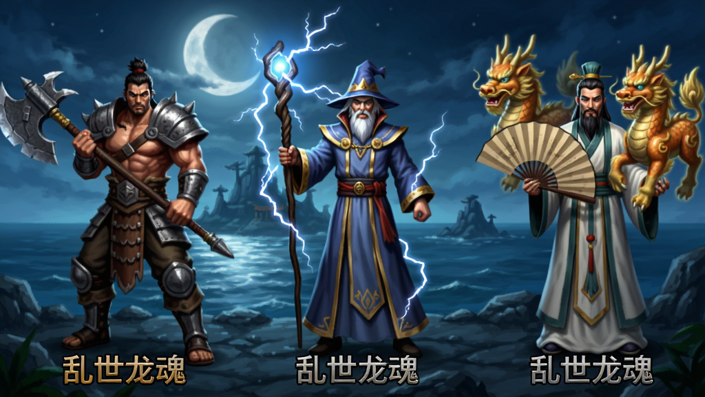 乱世龙魂三职业角色并排站立展示,左侧是手持巨斧的战士,中间是法杖环绕闪电的法师,右侧是手持扇子召唤麒麟的道士,背景是苍月岛海边,角色脚下有职业名称标注,风格为传奇游戏经典写实画风,画质清晰,无多余元素