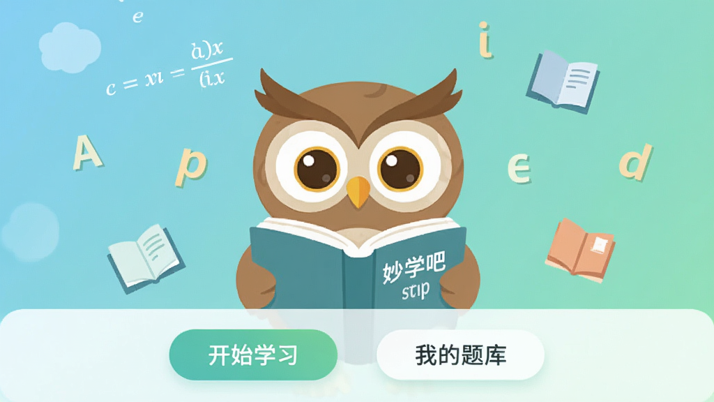 ��ѧ�� �ֻ�Ӧ���������ͼ������������ʾ��ѧ�ɵĿ�ͨèͷӥ���������ڿ��飬��������͵�����ɫ���䣬��ΧƯ������ѧ��ʽ��Ӣ����ĸ���鱾ͼ�꣬����ײ��С���ʼѧϰ���͡��ҵ���⡱����Բ�ǰ�ť���������������죬��ƽ����ƣ������������ɾ��޶���Ԫ��