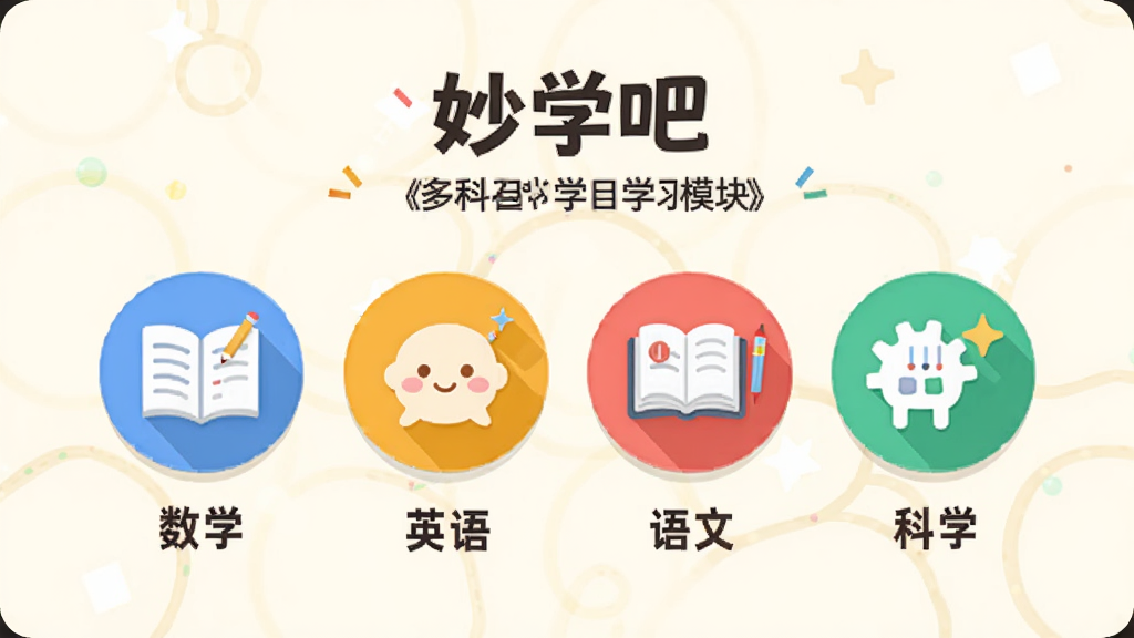 ��ѧ�� ���Ŀѧϰģ����棬������չʾ��ѧ��Ӣ����ġ���ѧ�ĸ���ɫԲ��ͼ����������Ļ���룬ÿ��ͼ���·��ж�Ӧ�Ŀ�Ŀ���ƣ������ǵ��ŵ��װ�ɫ��������������죬��ƽ��ͼ����ƣ������������޶���Ԫ��