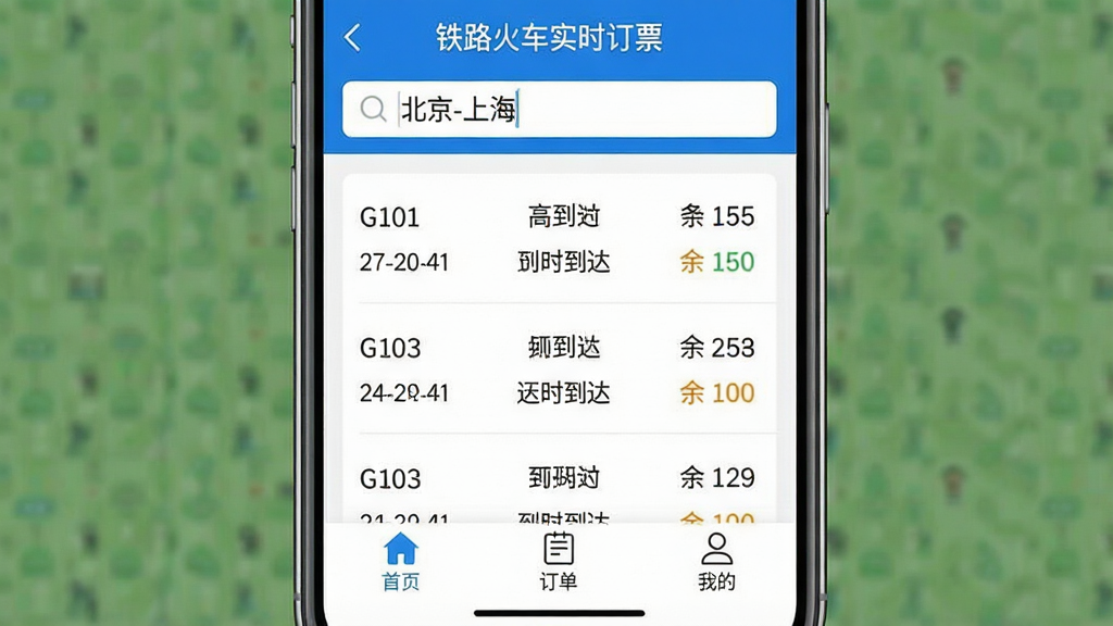 һ���ֻ�Ӧ�ý����ͼ������չʾ����·��ʵʱ��Ʊ��APP����ҳ��������������д�š�����-�Ϻ������м��б�����չʾG101��G103�ȸ������εĳ�������ʱ�䡢��ʱ����Ʊ״̬���ײ��С���ҳ�������������ҵġ�����ͼ�꣬��������ˬ��࣬������ɫ�����ʸɾ��޶���Ԫ��