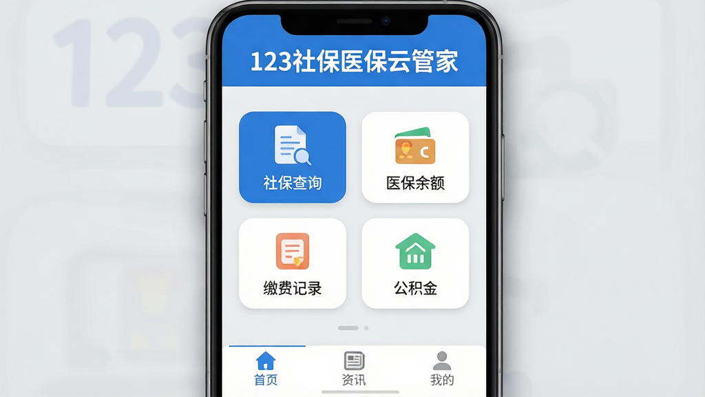 һ��չʾ��123�籣ҽ���ƹܼҡ�App��������ֻ���ͼ���ͼƬ������������һ���ִ������ֻ�����Ļ��ʾApp��ҳ����������ˬ��������ɫ��������д�š�123�籣ҽ���ƹܼҡ���ɫ�����֡��м��������ĸ���ͼ�갴ť�����籣��ѯ������ҽ���������ɷѼ�¼�����������𡱣�ͼ��Ϊ��ƽ����ƣ�Բ�Ǿ��Ρ��ײ�������ѡ�������ҳ��������Ѷ�������ҵġ�������Ϊǳ��ɫ���������ִ���࣬�Ű�ɾ���ϸ��Բ�󣬻����������޶���Ԫ�أ��ֻ���Χ����΢����Ӱ�͹���Ч����ģ����ʵʹ�ó�����