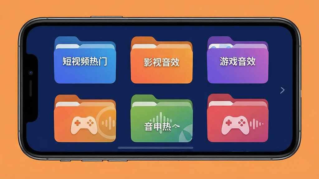 ��Ч�ز�App����������棬�ֻ���Ļ��ʾ�����ɫ��Ƶ�����ļ���ͼ�꣬�ļ����ϱ�ע������Ƶ���š���Ӱ����Ч������Ϸ��Ч�����������������������ɫΪ��ɫ�����������룬��������죬���ʸɾ��޶���Ԫ��