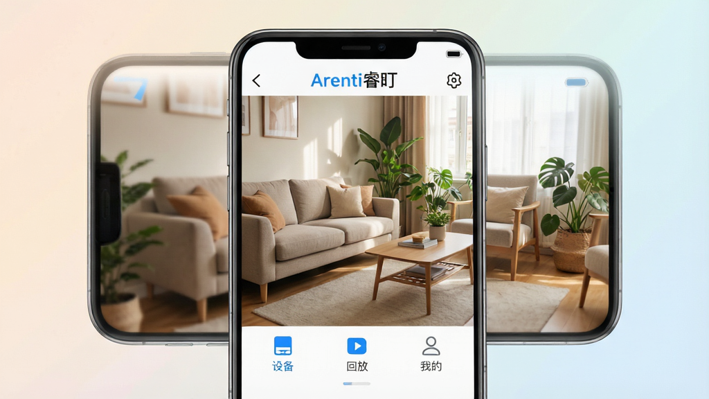 һ��չʾArenti��ֻ�APP�������ͼƬ��������һ�������ֻ���Ļ����Ļ����������ʾ��Arenti���APP��ʵʱ��ػ��棬��������һ����ܰ�Ŀ�����������ɳ������ֲ����Ļ�·��������Ĳ˵���ͼ���硰�豸�������طš������ҵġ������ּ�����ˣ��Ű��԰׵�����Ϊ��������ִ��Ƽ��У�ϸ������Ļ��ԵԲ���ޱ߿򣬻��ʸ���ɾ�����������͵Ĵ�ɫ���䣬�޶���Ԫ�ء�