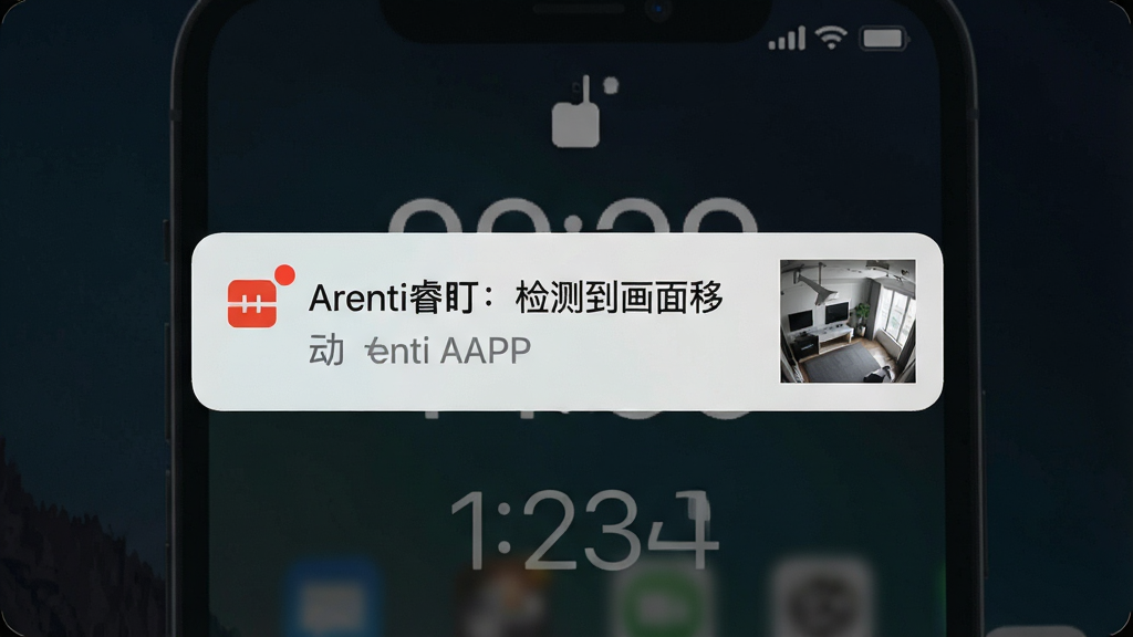 һ��չʾArenti�APP�����ƶ���ⱨ�����ܵ�ʾ��ͼ���������ֻ��������浯���ı���֪ͨ��֪ͨ����ʾ��Arenti�����⵽�����ƶ������Ա���һ�����С����ͼ��������֪ͨλ����Ļ�������·���ʱ����ʾ�����Ϊ��ƽ��ϵͳ֪ͨ��ʽ��ϸ����֪ͨͼ���к�ɫСԲ����ʾ��������������������ɫ��ֽ���ɾ��޶���Ԫ�ء�