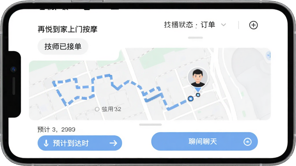 �ֻ���Ļչʾ�����õ������Ű�Ħ���Ķ������ٽ��棬������ʾ����״̬����ʦ�ѽӵ������м��ǵ�ͼ�켣�ͼ�ʦͷ���ƶ�ͼ�꣬�·���ʾԤ�Ƶ���ʱ������찴ť������Ϊ��ɫ����ͼΪǳɫ��񣬽��沼�����������ֱ�ǩ��ȷ������ִ���Լ�����ʸɾ��޶���Ԫ��
