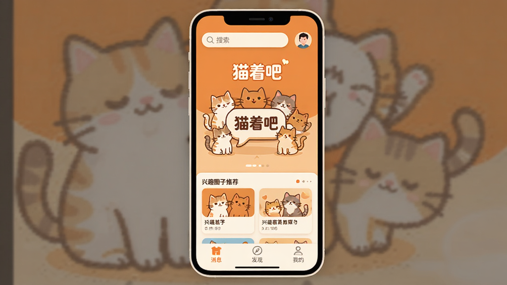 猫着吧 软件主界面全貌展示,主体是一个现代简约风格的手机屏幕,屏幕中央显示着“猫着吧”的Logo和一群可爱的卡通猫咪图标围绕着一个聊天气泡,布局上采用卡片式设计,排版清晰,顶部有搜索栏和用户头像,中间是兴趣圈子推荐卡片,底部是消息、发现、我的三个导航按钮,风格是扁平化插画风,细节圆润,色彩以暖橙色和米白色为主,画质干净,无多余元素