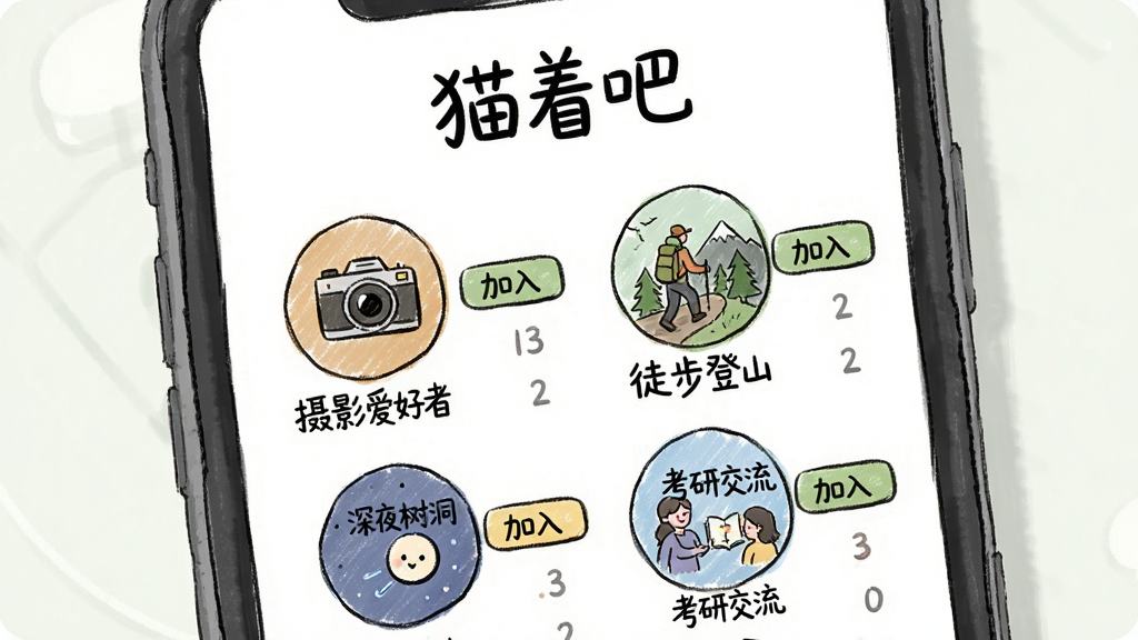 猫着吧 兴趣圈子匹配功能界面,主体是一个手机屏幕特写,屏幕中央显示着“猫着吧”文字标识,下方排列着“摄影爱好者”、“徒步登山”、“深夜树洞”、“考研交流”四个圆形图标卡片,布局采用网格排版,风格是清新手绘风,细节上每个图标旁边有加入按钮和成员数量,画质干净,无多余元素