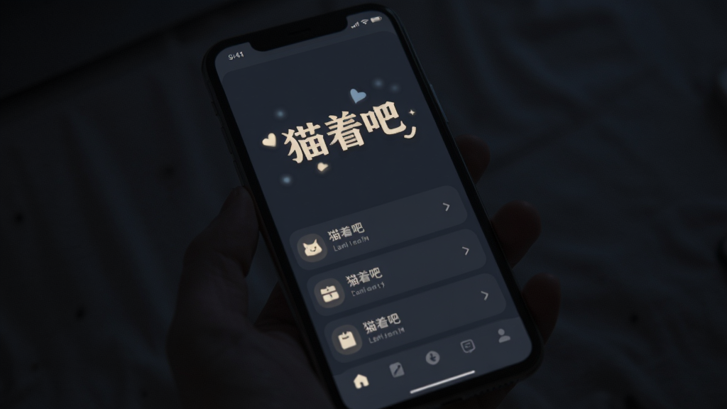 猫着吧 夜间模式界面展示,主体是一个手机屏幕在暗光环境下的显示效果,屏幕中央显示着“猫着吧”文字,背景是深灰蓝色,文字是米白色,布局上有动态列表和底部导航栏,风格是柔和暗色调,细节上图标带有微光效果,画质干净,无多余元素