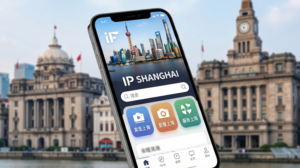 һ��չʾ��IP SHANGHAI��App����ȫò��ͼƬ������������һ�������ֻ�����Ļ����ʾ��IP SHANGHAI��App�������棬���涥�����Ϻ�½��������ߵĸ�����Ƭ���м��ǡ�IP SHANGHAI������Ŀ��־���������·��ǡ������Ϻ�����Ӱ���Ϻ����������Ϻ����ȹ���ģ�鿨Ƭ���ײ��ǵ����������ֲ��þ��й�ͼ���ֻ�΢΢��б���������黯���Ϻ���̲�������Ⱥ�����Ϊ�ִ��Ƽ�����������Ľ�ϣ�ϸ�ڰ�����Ļ���⡢ͼ��Բ�����������ɼ������ʸɾ����޶���Ԫ�ء�