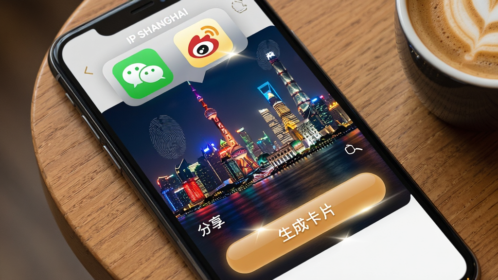 һ��չʾ��IP SHANGHAI��App�����������ܵ�ͼƬ�������������ֻ���Ļ��д����Ļ����ʾһ���Ϻ�ҹ������Ƭ����Ƭ�·��С���������ť�͡����ɿ�Ƭ����ť����Ļ�Ϸ�����������΢�š�΢����ͼ�ꡣ���ֲ��öԽ��߹�ͼ���ֻ�б����ľ�������ϣ��Ա���һ�����ȡ����Ϊ��ܰ�����ϸ�ڰ�����Ļ�ϵ�ָ��ӡ����ť�ĸ߹�Ч�������ʸɾ����޶���Ԫ�ء�
