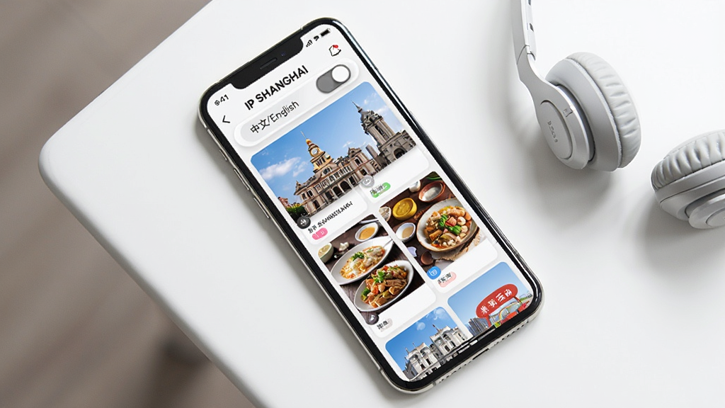 һ��չʾ��IP SHANGHAI��App���Ի��Ƽ�������Թ��ܵ�ͼƬ�������������ֻ���Ļ����Ļ����ʾ��IP SHANGHAI��App����ҳ�������С�����/English���л���ť���м����Ƽ������ٲ����������Ϻ���������ʳ����ȿ�Ƭ��ÿ�ſ�Ƭ����С��ǩ�����ֲ��ø����ӽǣ��ֻ�ƽ���ڰ�ɫ�����ϣ��Ա���һ�����������Ϊ������죬ϸ�ڰ�����Ļ�ϵ���������ͼ���л���ť������У����ʸɾ����޶���Ԫ�ء�