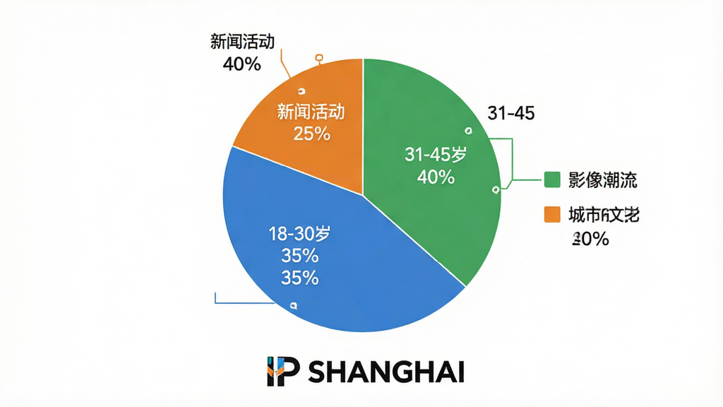 һ��չʾ��IP SHANGHAI��App�û�����ֲ���״ͼ��ͼƬ������������һ����״ͼ����Ϊ���飺18-30��ռ35%����עΪ��Ӱ��������31-45��ռ40%����עΪ�������Ļ�����46-60��ռ25%����עΪ�����Ż������ͼ��ɫ�ֱ�Ϊ��ɫ����ɫ����ɫ�������ǰ�ɫ��ͼ���·��С�IP SHANGHAI����Logo�����־��У����Ϊ���ݿ��ӻ���ϸ�ڰ���ͼ�����ٷֱ����֣����ʸɾ����޶���Ԫ�ء�