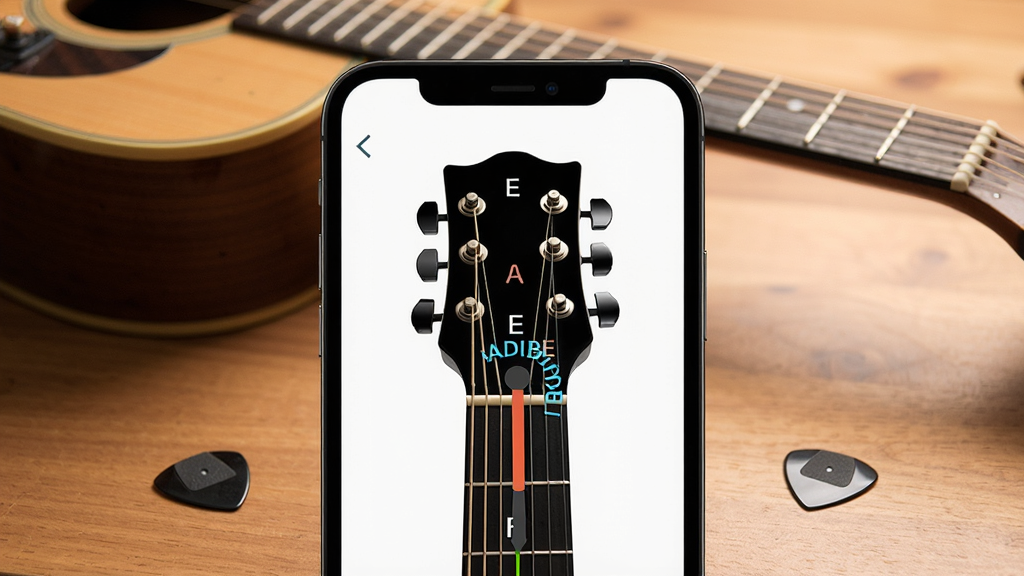 һ��չʾGuitar����У��������ȫò������ͼ������������һ�������ֻ�����Ļ��������ʾ��Guitar����У�����ĵ������棬�������м�����ͷͼ��������EADGBE��һ�����ڰڶ��ĵ���ָ�룬�ֻ���Χɢ����һ��ľ������һ����Ƭ����������ů��ľɫ���棬������ͣ�������ִ���ϸ�ڷḻ�����ʸɾ����޶���Ԫ��