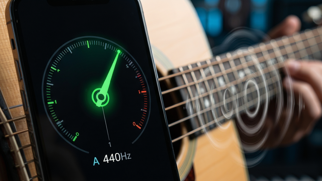 һ��չʾGuitar����У�����߾���ʰ�����湦�ܵ�ͼƬ������������һ���ֻ���Ļ��д����Ļ������һ���޴��Բ�ε������̣�ָ�뾫׼ָ�����м䲢������ɫ��â�������·���ʾ����A��Ƶ��440Hz���ֻ��Ա���һ�����ڱ������ļ������ң������𶯲���ϸ΢������������Ч�������黯���Ƽ��������ָн�ϣ����дʵ��ϸ�����������ʸɾ����޶���Ԫ��
