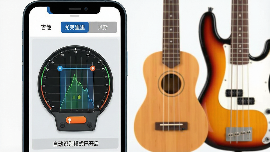 һ��չʾGuitar����У������ģʽ�����л����ܵ�ͼƬ��������һ���ֻ���Ļ�Ľ�ͼ�����Ļ������������ǩҳ�ֱ��ǡ������������ȿ����������˹������ǰѡ�С���������ǩ����Ļ�����ǵ������̣���Ļ�ײ���һ��С�֡��Զ�ʶ��ģʽ�ѿ��������ֻ��Ա߰ڷ���һ���ȿ������һ�ѱ�˹��Ϊ����װ�Σ�����ƽ����ɫ�����죬����������ϸ�ڷḻ�����ʸɾ����޶���Ԫ��