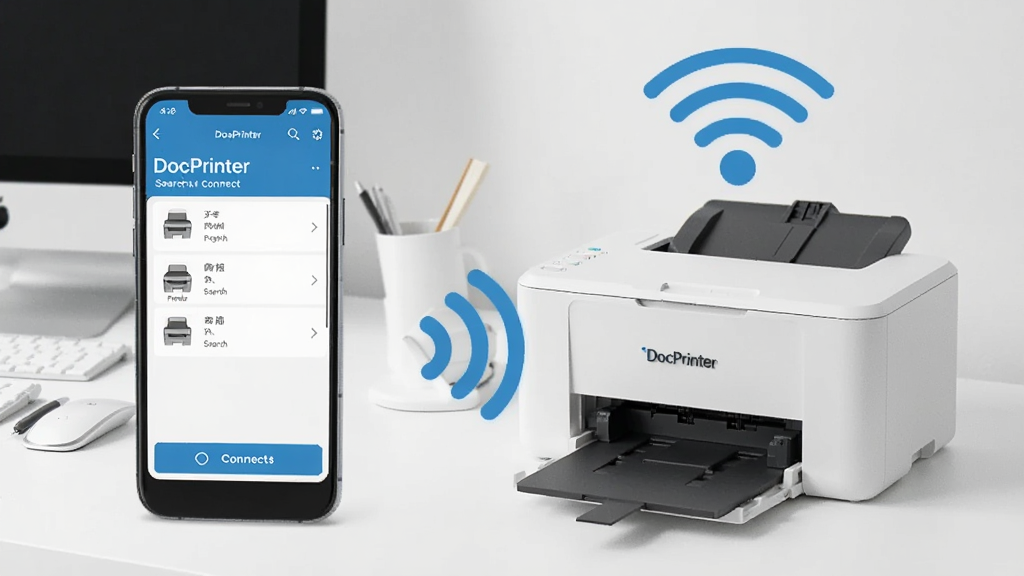 һ��չʾDocPrinter�������Ӵ�ӡ�����ܵ�ͼƬ��������һ���ֻ�����ͨ��WiFi�ź�����һ̨��ӡ�����ֻ���Ļ��ʾDocPrinterӦ�ý��棬���������������Ĵ�ӡ���б������Ӱ�ť����ӡ���Ϸ��������źŲ���ͼ�꣬�����Ǽ��ļҾӰ칫���滷��������ִ��Ƽ��У�ɫ������ɫ�Ͱ�ɫΪ�������������ɾ��޶���Ԫ��