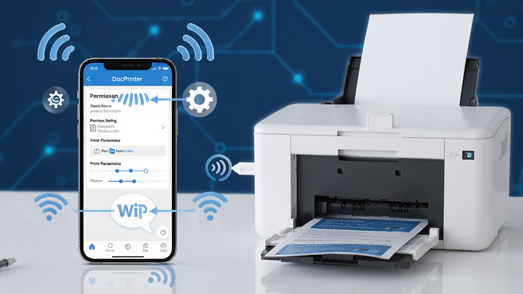 һ��չʾDocPrinterʹ�ü��ɵ�ͼƬ������������һ���ֻ���һ̨��ӡ��ͨ��WiFi���ӣ��ֻ���Ļ��ʾDocPrinterӦ�ý��棬��������Ȩ�����úʹ�ӡ�������ڵ���ʾ��ע����Χ�������ź�ͼ��ͳ���ͼ�꣬�����Ǽ��ĿƼ����ɫ������ɫ�Ͱ�ɫΪ�������������ɾ��޶���Ԫ��