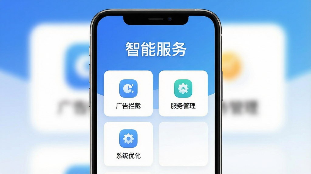 һ���ֻ���Ļ��ͼ����ͼƬ�����������ǡ����ܷ���App�������棬������ʾ�����ܷ����ĸ����֣��м��Ǽ��Ĺ��ܿ�Ƭ���֣�������������ء��������������ϵͳ�Ż�������ģ�飬����Ϊ���������׽���ɫ��������ɾ��޹�棬�������ִ���ƽ��ͼ��Բ�󣬻��ʸ��壬�޶���Ԫ��
