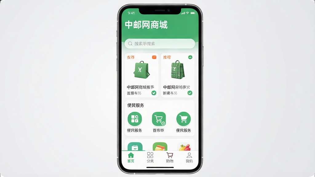����������һ�������ֻ�����Ļ����ʾ�š��������̳ǡ�APP�������棬��������ɫ�Ͱ�ɫΪ��ɫ�����������������м�����Ʒ�Ƽ���Ƭ�ͱ���������ͼ�꣬�ײ�����ҳ�����ࡢ���ﳵ���ҵ��ĸ�������ť�������Ǽ���ǳ��ɫ���䣬�������ִ���ƽ��ͼ��Բ�����������ʸɾ��������޶���Ԫ�ء�