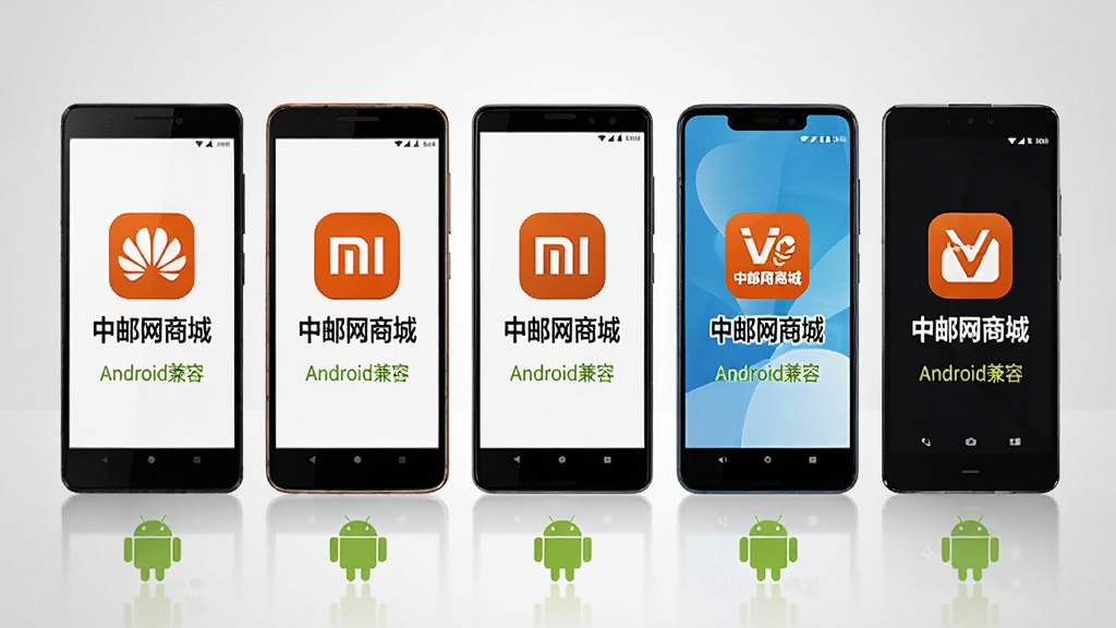 ����չʾһ�Ų�ͬƷ�Ƶİ�׿�ֻ���������Ϊ��С�ס�OPPO��vivo���ֻ���Ļ�Ͼ���ʾ���������̳ǡ�APP��ͼ��͡�Android���ݡ��������ֻ��·��а�׿�����˵�Сͼ�꣬��������Ƽ��У���������������Ϊǳ��ɫ���䡣