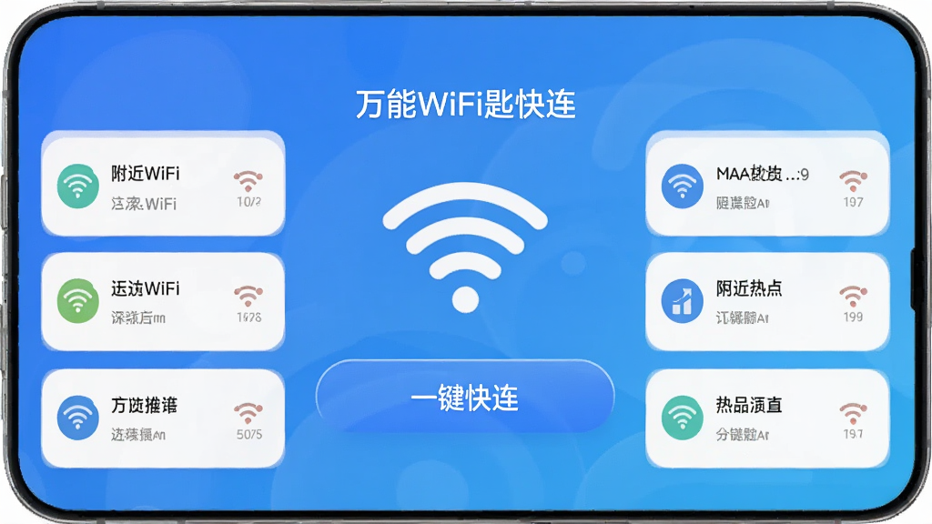 �ֻ���Ļչʾ������WiFi�׿�����Ӧ�������棬��ɫ���䱳������������Ŀ��WiFi�ź�ͼ��͡�һ����������ť����Χ�����Ÿ���WiFi�ȵ��б������岼�ּ�࣬�Ű�����������ִ���ƽ����ϸ��Բ�󣬻��ʸɾ����޶���Ԫ��