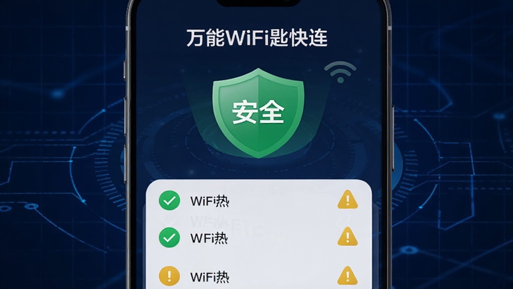 �ֻ�����չʾ������WiFi�׿������İ�ȫ��⹦�ܣ���Ļ������һ����ɫ�Ķ���ͼ�꣬������д�š���ȫ�����·��г�����WiFi�ȵ㣬�е���ʾ��ɫ�Թ����е���ʾ��ɫ��̾�ţ�����Ϊ����ɫ�Ƽ������񣬲�������������Լ�����ʸɾ����޶���Ԫ��