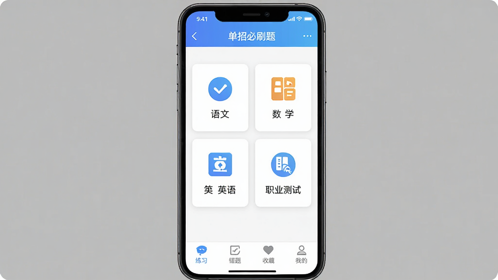 ���б�ˢ��App�������ͼ���ֻ���Ļ����չʾ������Ϊ��ɫ���䵼�������м������ġ���ѧ��Ӣ�ְҵ�����Ĵ������ڿ�Ƭ���ײ�Ϊ��ϰ�����⡢�ղء��ҵ��ĸ���ǩ��������ɾ���ˬ�޹�棬��ƽ����Ʒ�񣬰�ɫ����������ɫ��׺�����������޶���Ԫ��