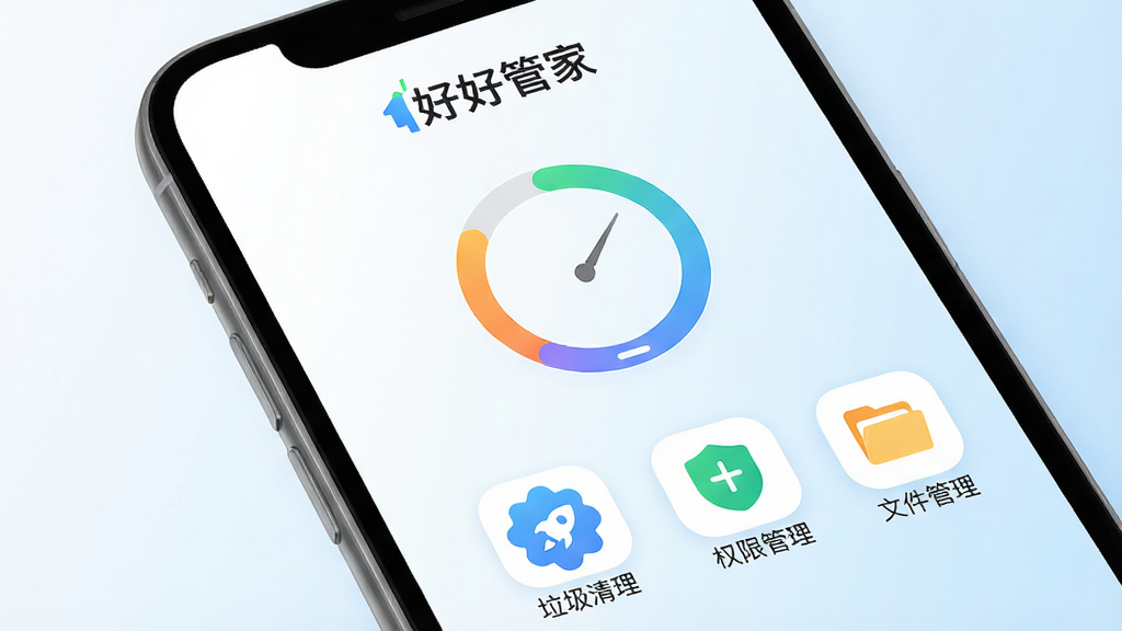 �úùܼ��ֻ�Ӧ�������棬��ɫ��ǳ��ɫ���䱳���������ǡ��úùܼҡ����ֱ�ʶ���м��ǻ��δ洢�ռ�չʾͼ���·������š��������������ֻ����١���Ȩ�޹��������ļ��������ĸ�Բ��ͼ�꣬ͼ����ñ�ƽ����ƣ�����ɾ����࣬�޹��������������ˬ�ִ������ʸ��壬�޶���Ԫ��