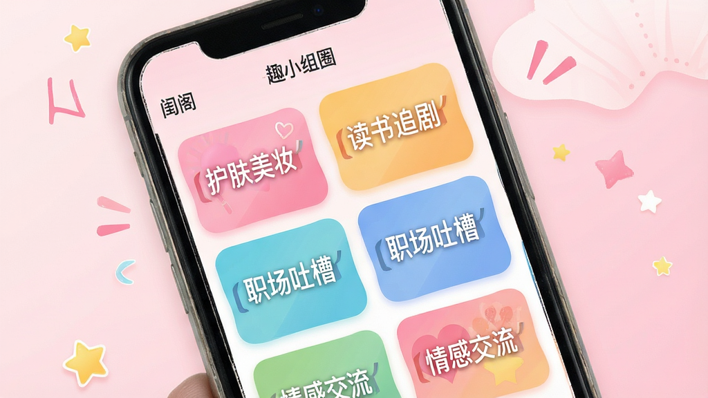 һ��չʾ�����App��ȤС��Ȧ�ӵĽ���ʾ��ͼ�������������ֻ���Ļ����Ļ����ʾ�����ɫ��ȤС�鿨Ƭ����Ƭ�Ϸֱ�д�š�������ױ��������׷�硱��ְ���²ۡ�����н���������������Ƭ�������룬�����ǵ���ɫ���䣬������»��ã�ϸ�����������ʸɾ����޶���Ԫ��