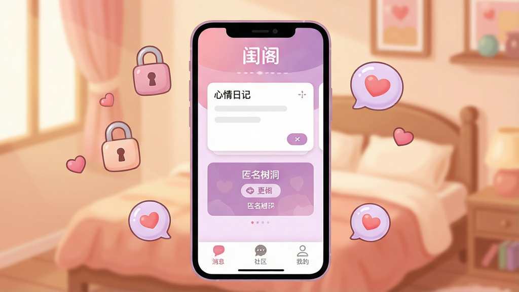 һ��չʾŮ��˽���罻App����󡱺���ȫò�Ĳ廭������������һ�����������ֻ�����Ļ������ʾ�����App�������棬��������͵ķ���ɫ��Ϊ���������С�����������м��������ռǿ�Ƭ������������ڣ��ײ�����Ϣ���������ҵ���������ͼ�꣬�ֻ���Χ����������ͼ��Ͱ������ݣ���������ܰ������һ�ǣ������ů������ϸ��Բ��ɾ������ʸ��壬�޶���Ԫ��