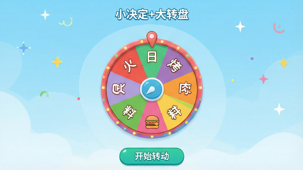 һ��չʾ��С����+��ת�̡�App�������ͼƬ������������һ��ɫ�����޵�ת�̣�ת����д�С�����������⡱�����ϡ�����������ѡ�������ǳ��ɫ���䣬���涥����ʾ��С����+��ת�̡������ֱ�ʶ���ײ��С���ʼת������ť�����������ɻ��ã����ʸɾ��������޶���Ԫ��